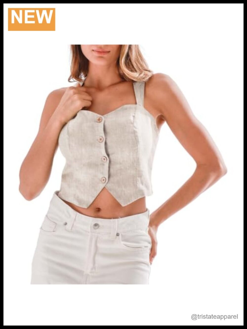 100% Linen Crop Top Cross Back Wooden Coconut Buttons Sleeveless